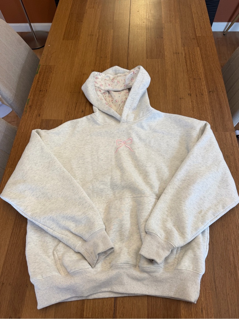 Coquette Cottage Core Light Gray Hoodie with Pink Bow Embroidery Pullover
